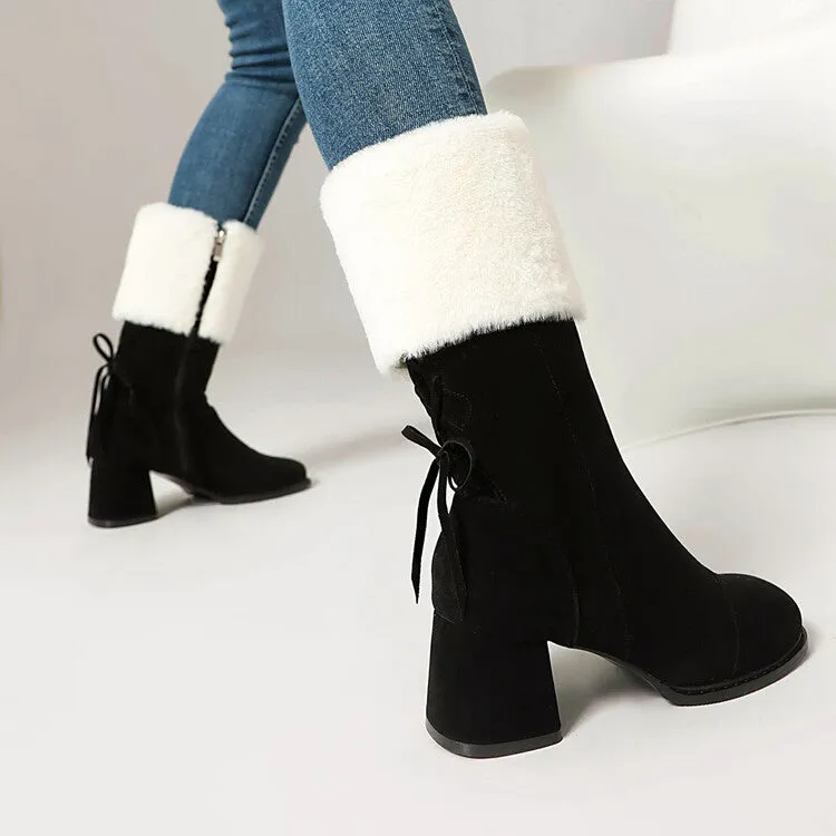 Women's Patchwork Square Toe Block Heel Plush Mid Calf Boots