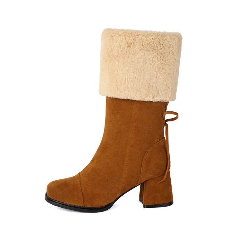 Women's Patchwork Square Toe Block Heel Plush Mid Calf Boots