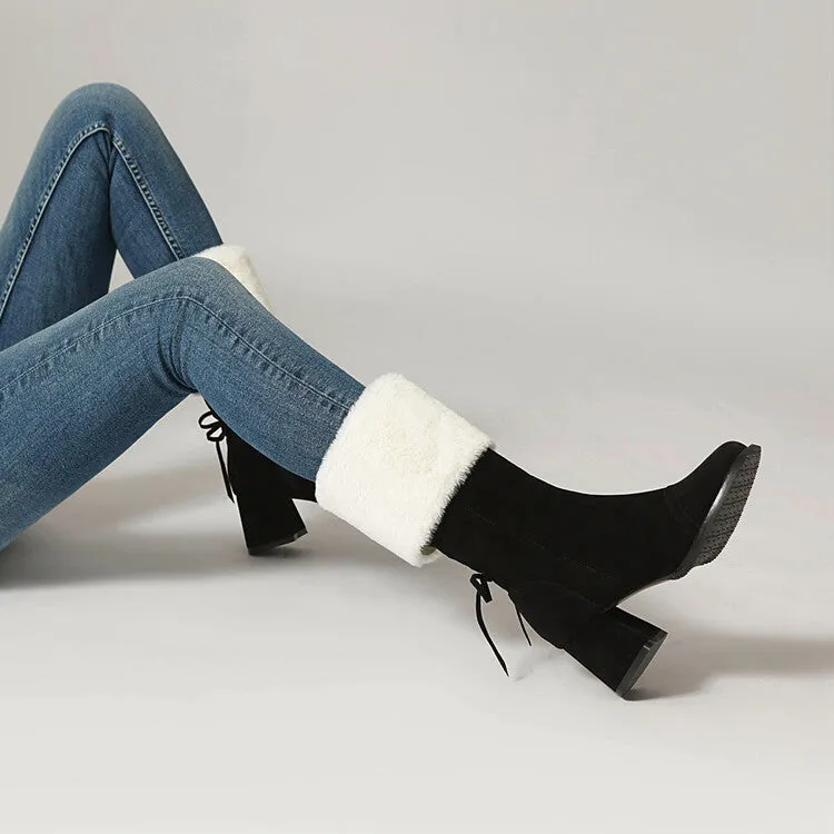 Women's Patchwork Square Toe Block Heel Plush Mid Calf Boots