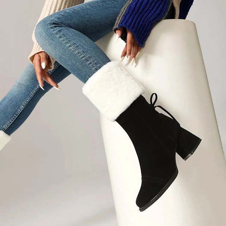 Women's Patchwork Square Toe Block Heel Plush Mid Calf Boots