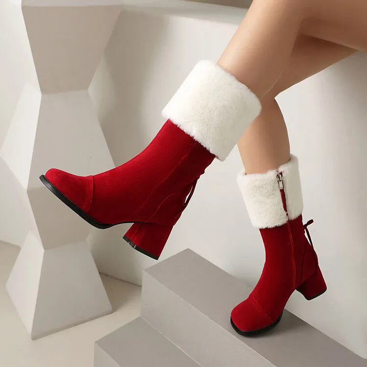 Women's Patchwork Square Toe Block Heel Plush Mid Calf Boots