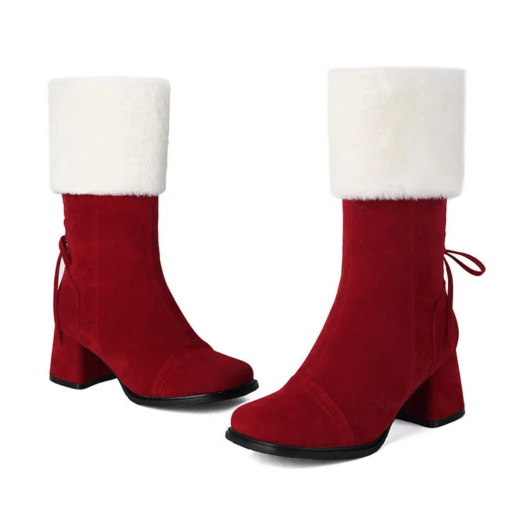 Women's Patchwork Square Toe Block Heel Plush Mid Calf Boots