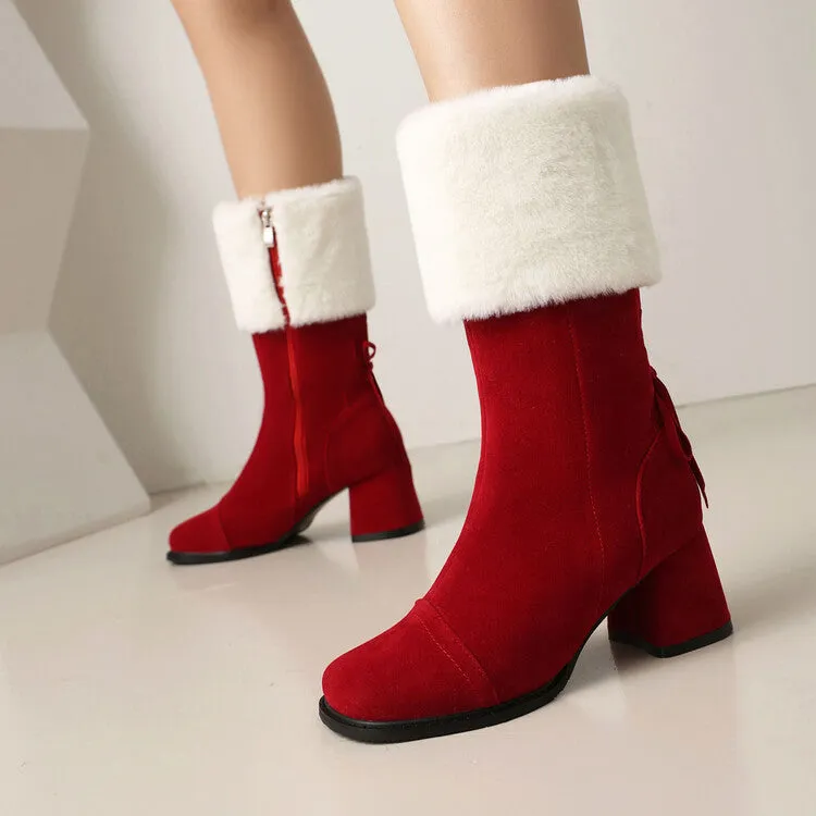 Women's Patchwork Square Toe Block Heel Plush Mid Calf Boots