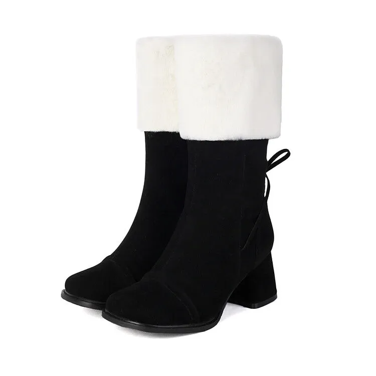 Women's Patchwork Square Toe Block Heel Plush Mid Calf Boots