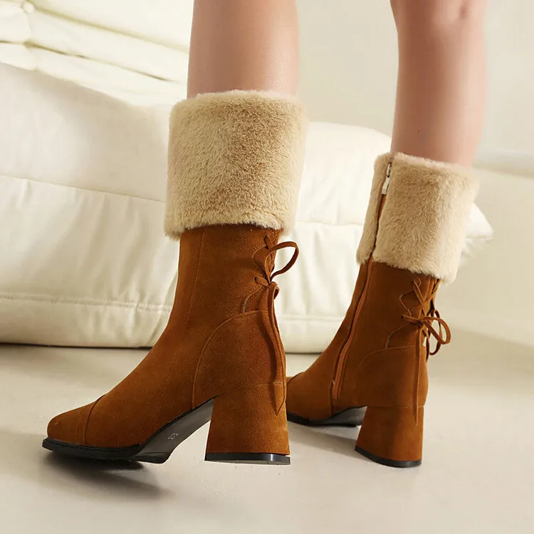 Women's Patchwork Square Toe Block Heel Plush Mid Calf Boots