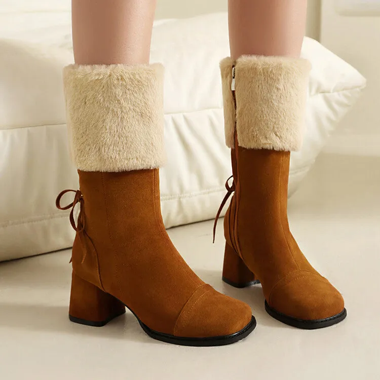 Women's Patchwork Square Toe Block Heel Plush Mid Calf Boots