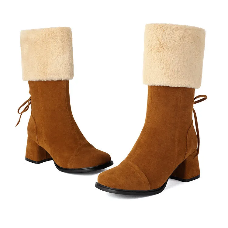 Women's Patchwork Square Toe Block Heel Plush Mid Calf Boots