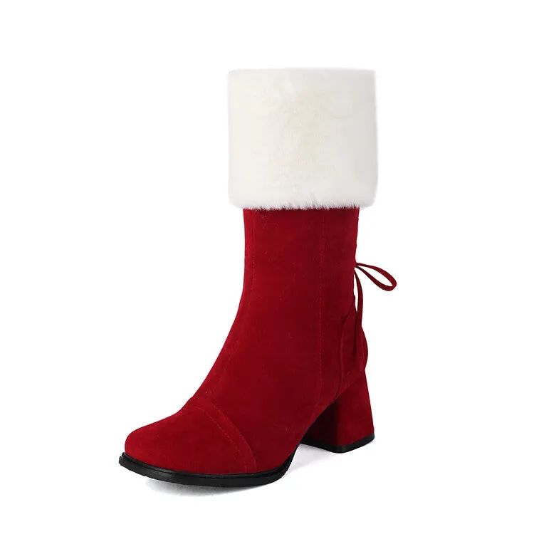 Women's Patchwork Square Toe Block Heel Plush Mid Calf Boots