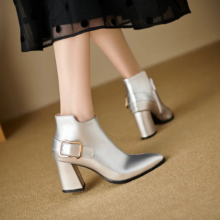 Women's Patent Leather Pointed Toe Square Heel Ankle Boots