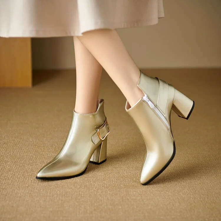 Women's Patent Leather Pointed Toe Square Heel Ankle Boots