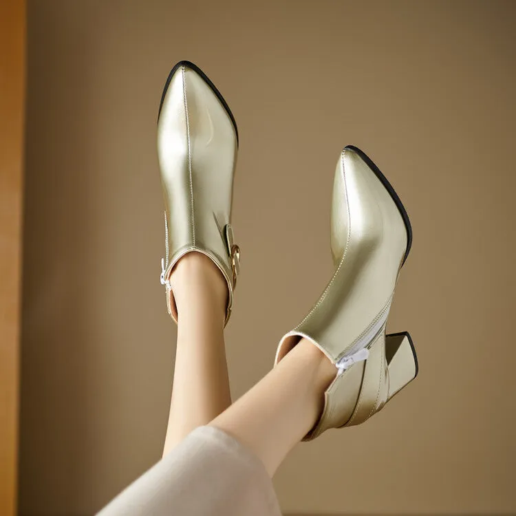 Women's Patent Leather Pointed Toe Square Heel Ankle Boots