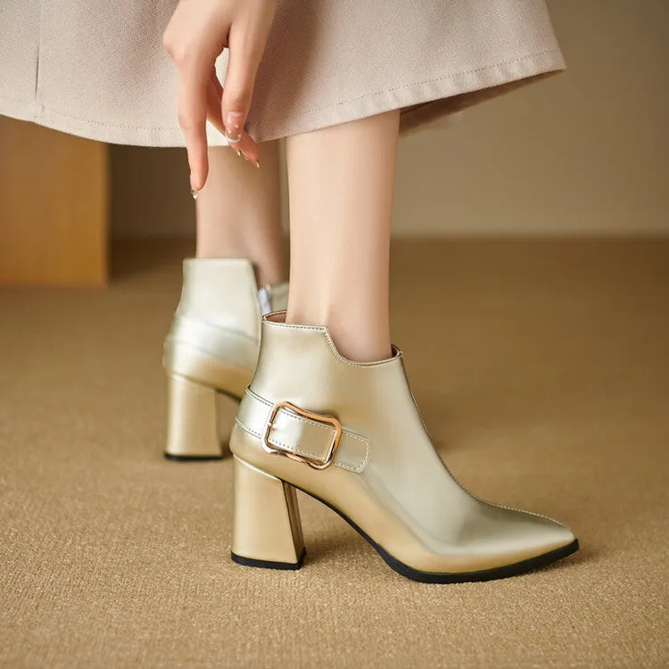 Women's Patent Leather Pointed Toe Square Heel Ankle Boots
