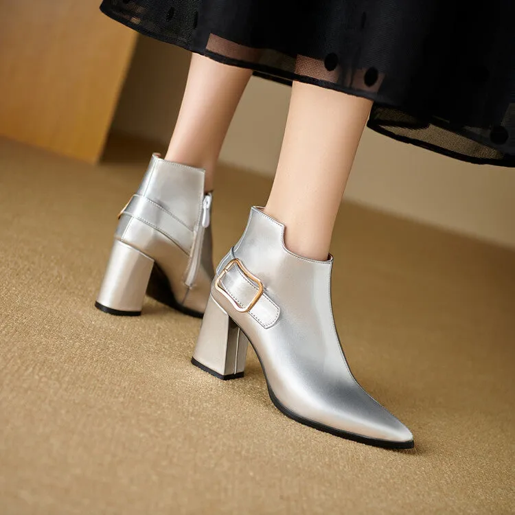 Women's Patent Leather Pointed Toe Square Heel Ankle Boots