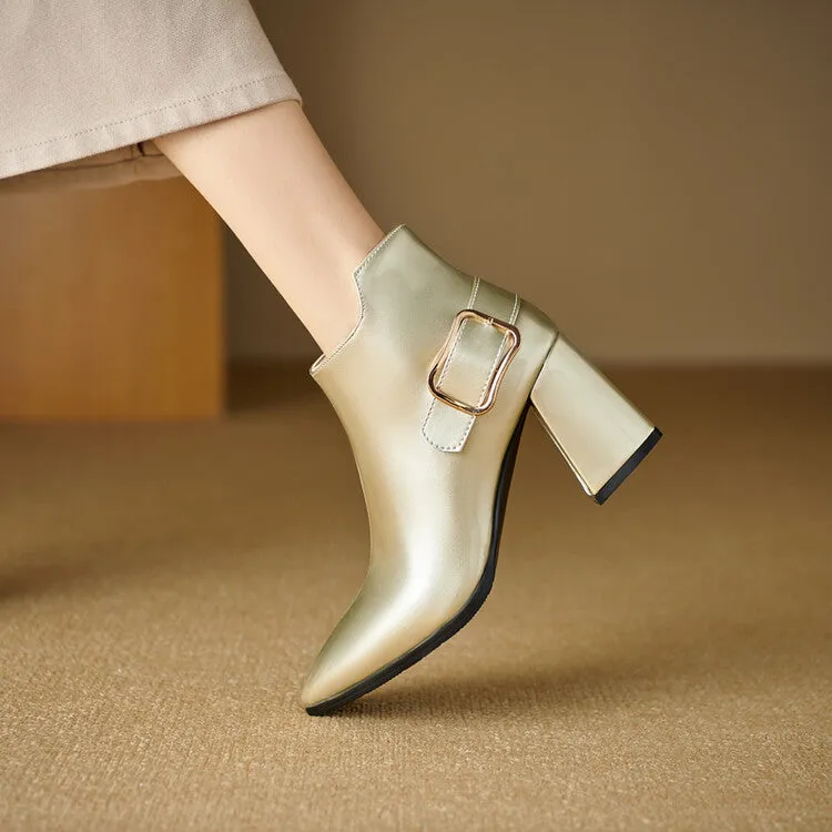 Women's Patent Leather Pointed Toe Square Heel Ankle Boots