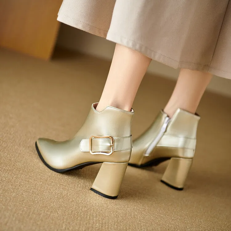 Women's Patent Leather Pointed Toe Square Heel Ankle Boots