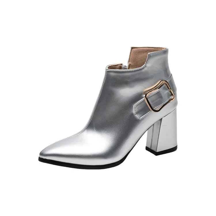 Women's Patent Leather Pointed Toe Square Heel Ankle Boots