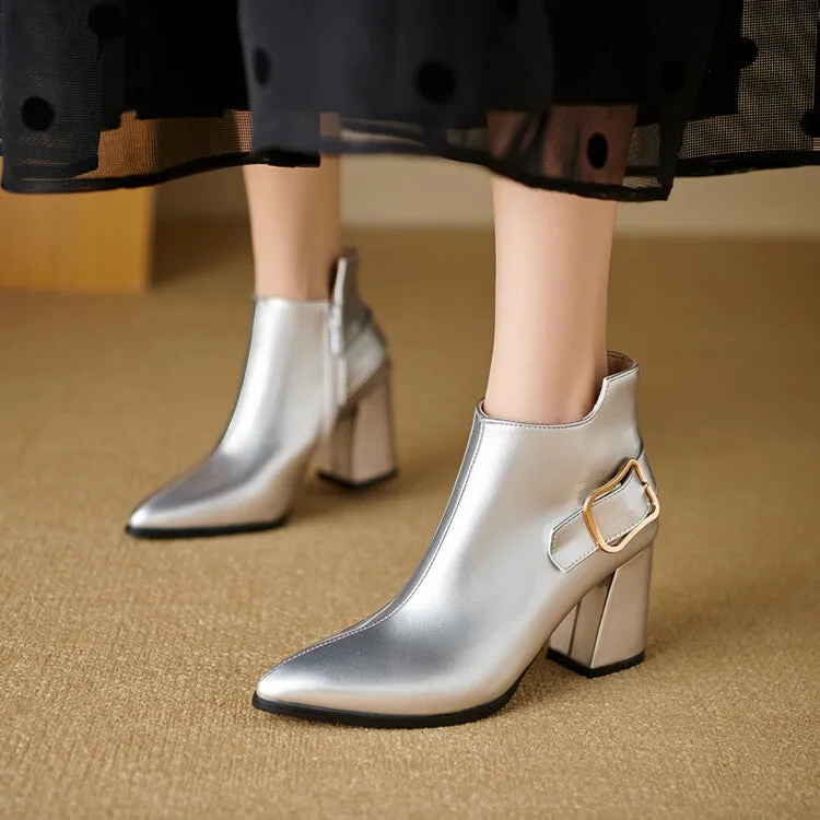 Women's Patent Leather Pointed Toe Square Heel Ankle Boots