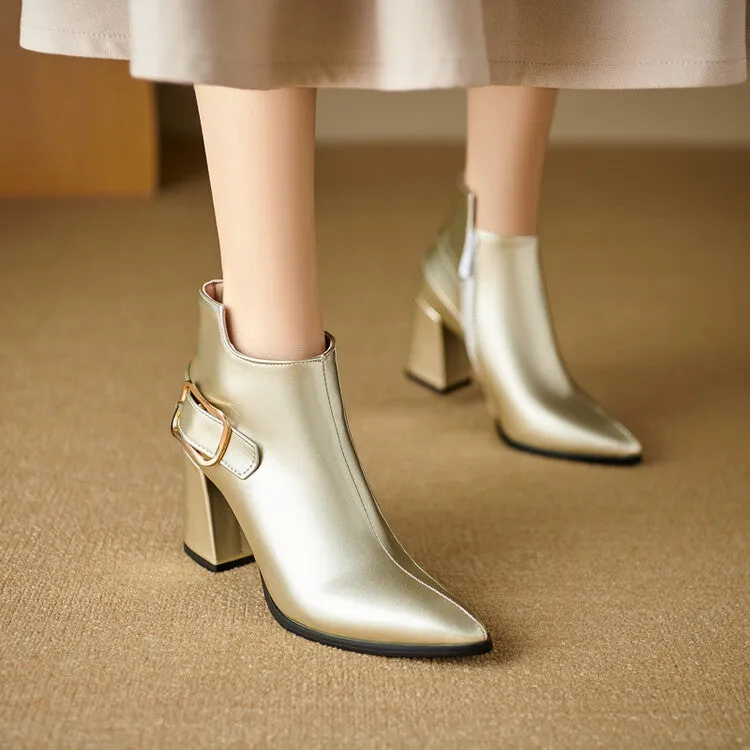 Women's Patent Leather Pointed Toe Square Heel Ankle Boots