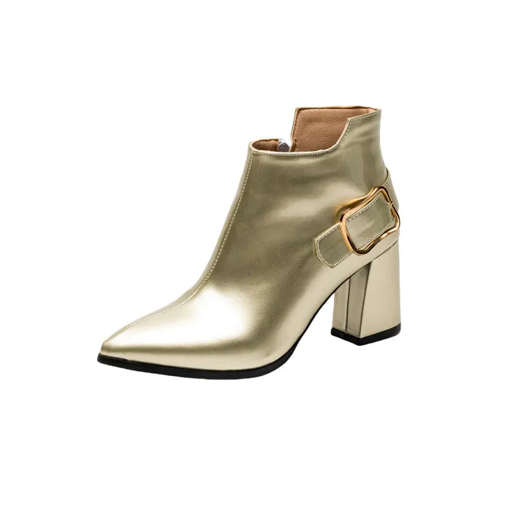 Women's Patent Leather Pointed Toe Square Heel Ankle Boots