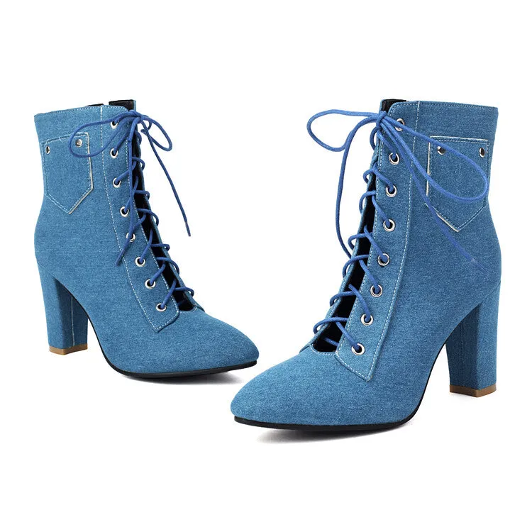 Women's Pockets Lace-Up Pointed Toe Block Heel Ankle Boots