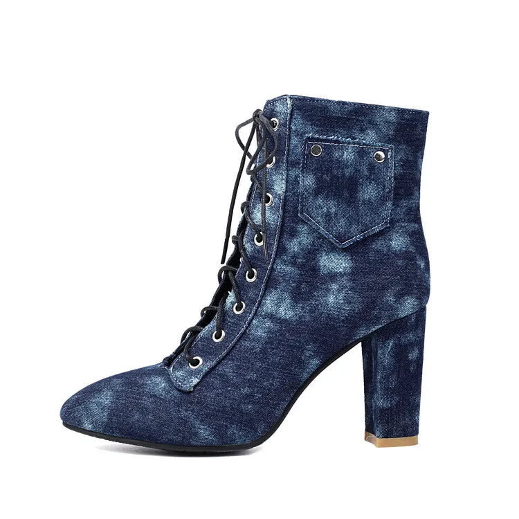 Women's Pockets Lace-Up Pointed Toe Block Heel Ankle Boots