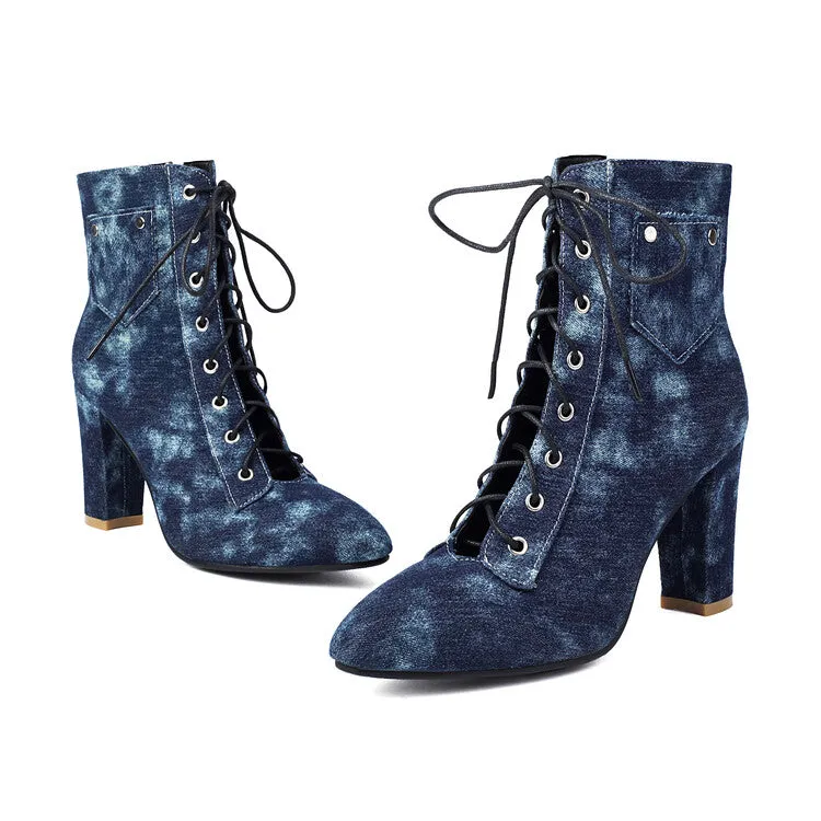 Women's Pockets Lace-Up Pointed Toe Block Heel Ankle Boots