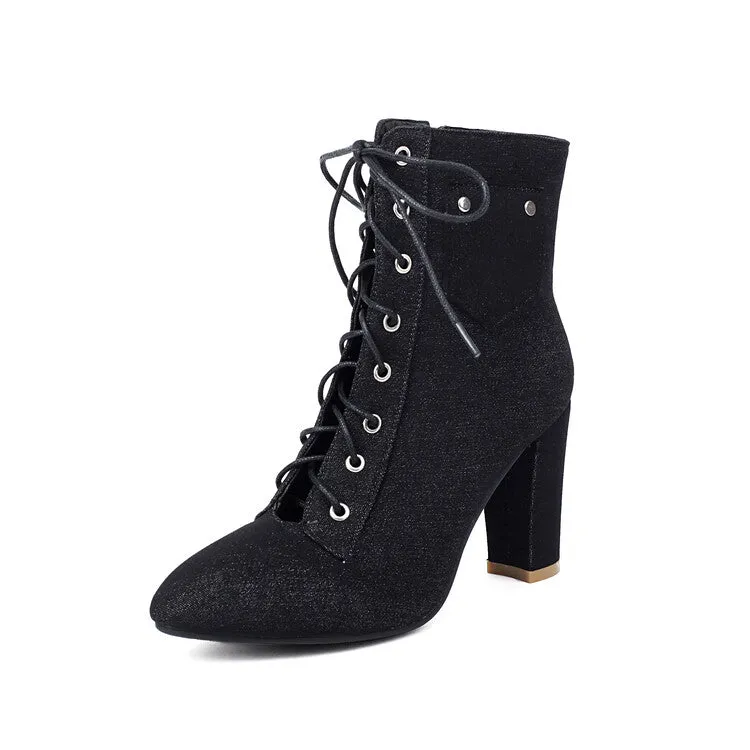 Women's Pockets Lace-Up Pointed Toe Block Heel Ankle Boots