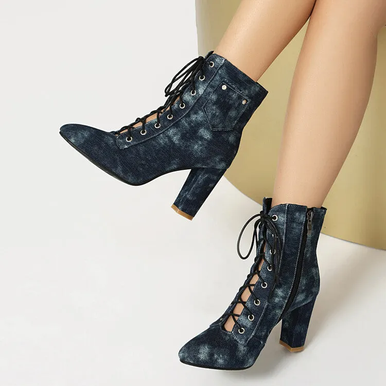 Women's Pockets Lace-Up Pointed Toe Block Heel Ankle Boots