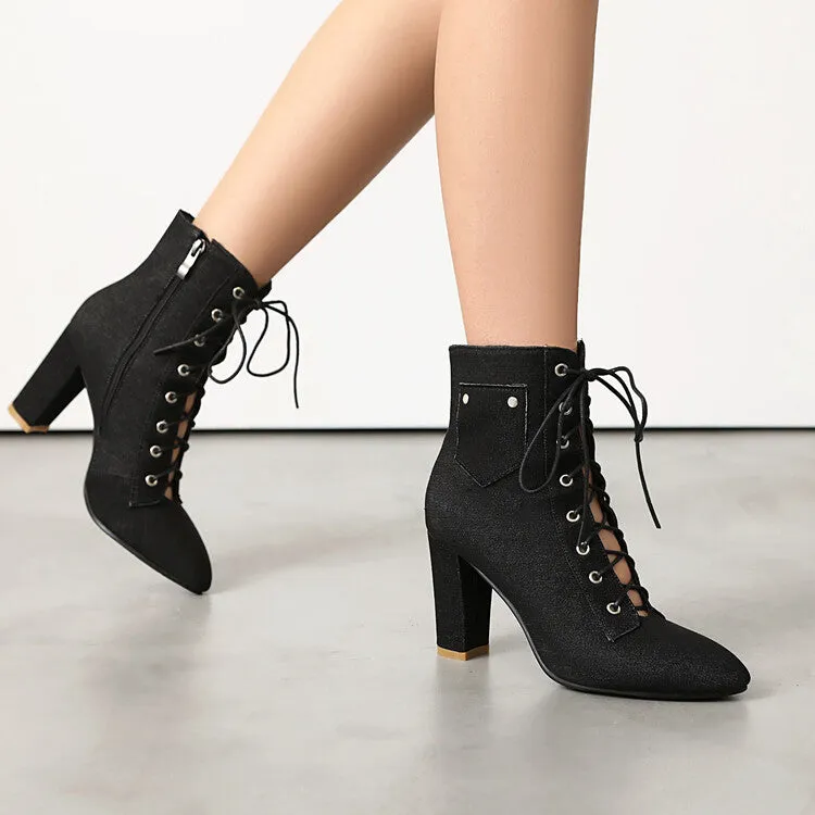 Women's Pockets Lace-Up Pointed Toe Block Heel Ankle Boots