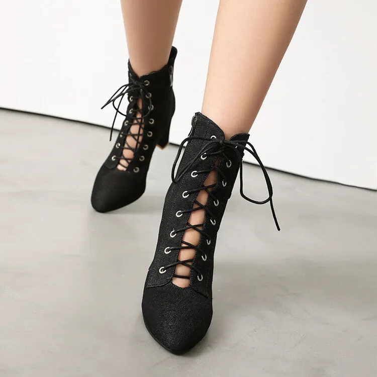 Women's Pockets Lace-Up Pointed Toe Block Heel Ankle Boots