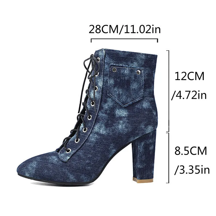 Women's Pockets Lace-Up Pointed Toe Block Heel Ankle Boots
