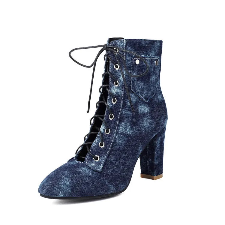 Women's Pockets Lace-Up Pointed Toe Block Heel Ankle Boots