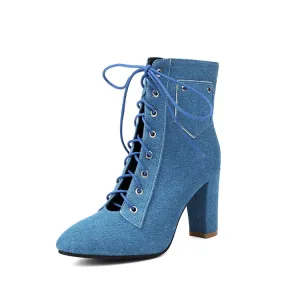 Women's Pockets Lace-Up Pointed Toe Block Heel Ankle Boots