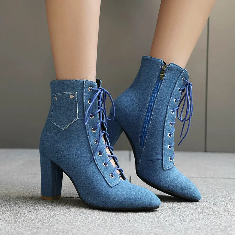 Women's Pockets Lace-Up Pointed Toe Block Heel Ankle Boots