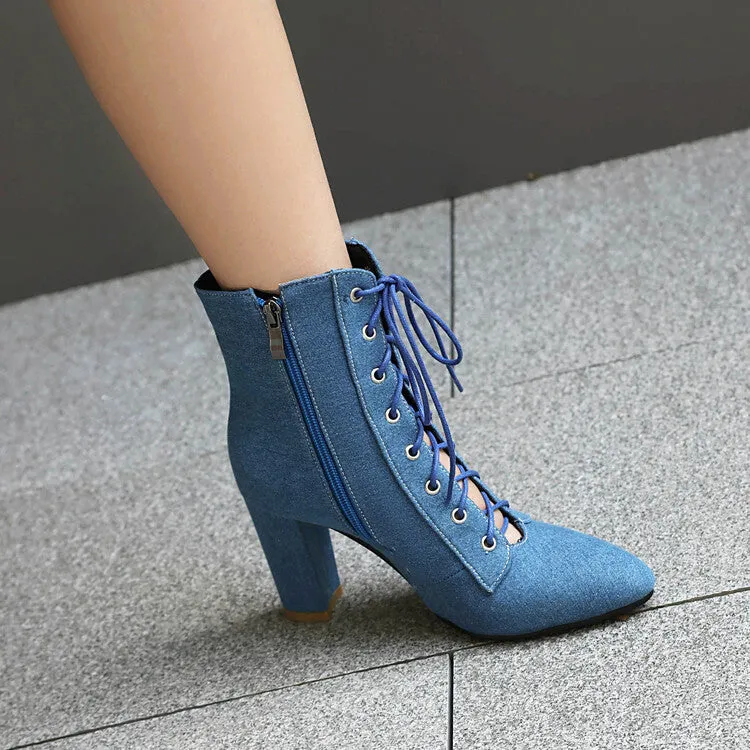 Women's Pockets Lace-Up Pointed Toe Block Heel Ankle Boots