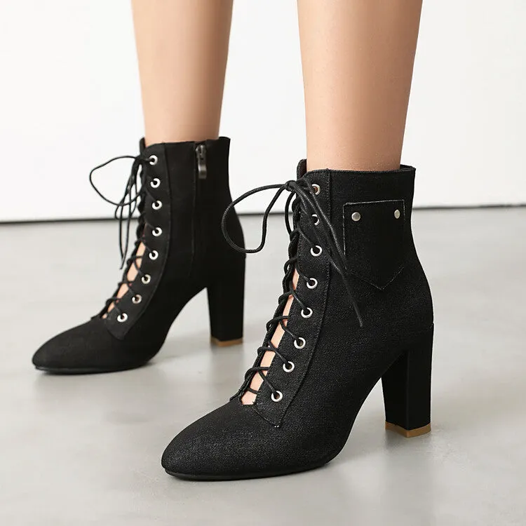 Women's Pockets Lace-Up Pointed Toe Block Heel Ankle Boots
