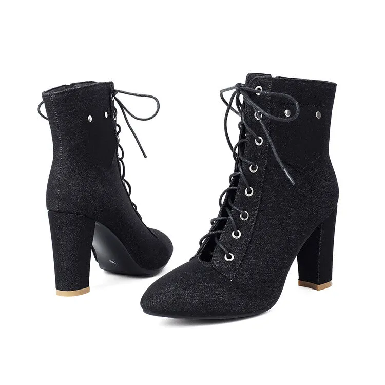 Women's Pockets Lace-Up Pointed Toe Block Heel Ankle Boots