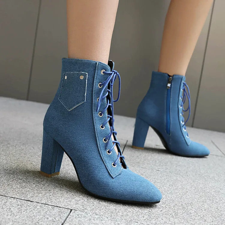 Women's Pockets Lace-Up Pointed Toe Block Heel Ankle Boots