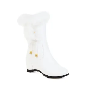 Women's Pu Leather Round Toe Fur Side Zippers Inside Heighten Wedge Heel Mid Calf Boots