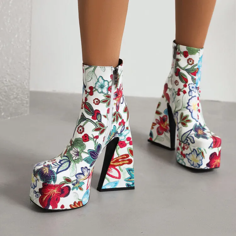 Women's Pu Leather Square Toe Flora Printed Triangle Heel Platform Short Boots