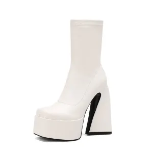 Women's Pu Leather Square Toe Triangle Heel Platform Short Boots