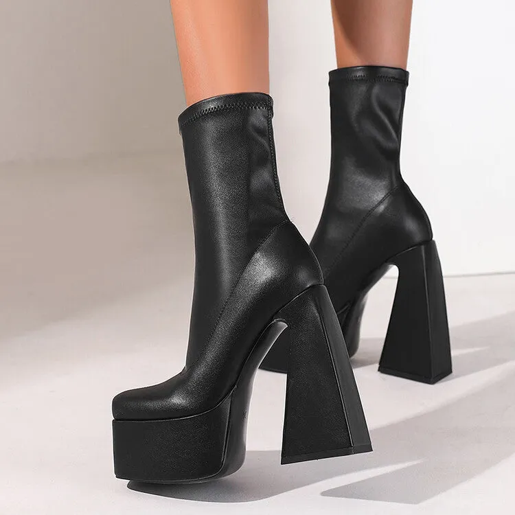 Women's Pu Leather Square Toe Triangle Heel Platform Short Boots