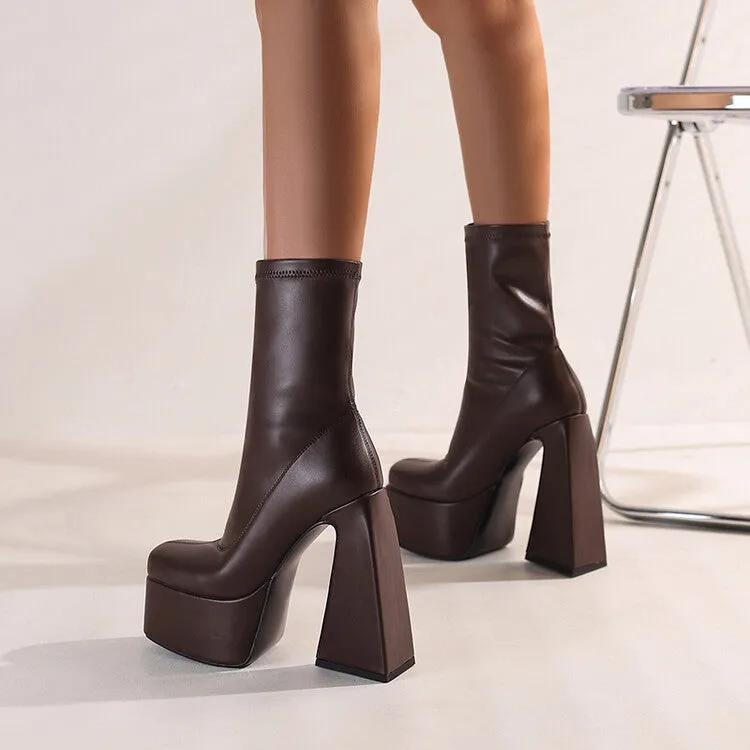 Women's Pu Leather Square Toe Triangle Heel Platform Short Boots