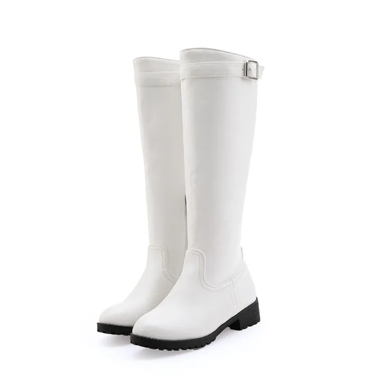 Women's Round Toe Buckle Knee High Boots