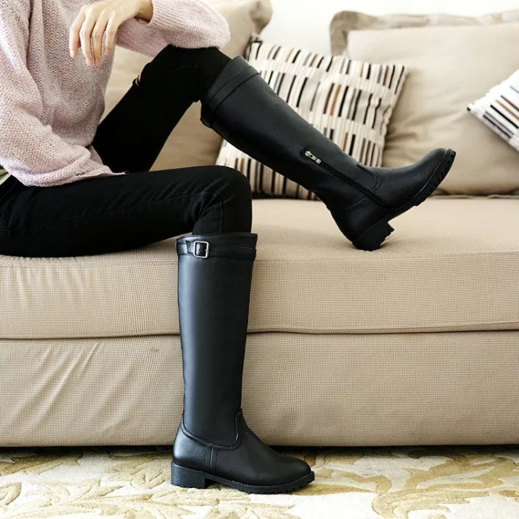 Women's Round Toe Buckle Knee High Boots