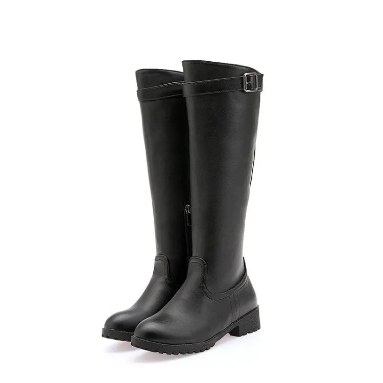 Women's Round Toe Buckle Knee High Boots