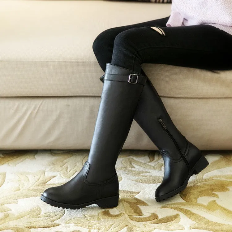 Women's Round Toe Buckle Knee High Boots