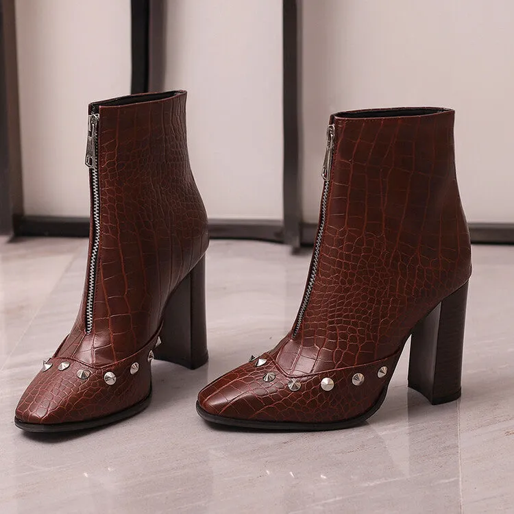 Women's Snake Pattern Rivets Pointed Toe Block Heel Short Boots