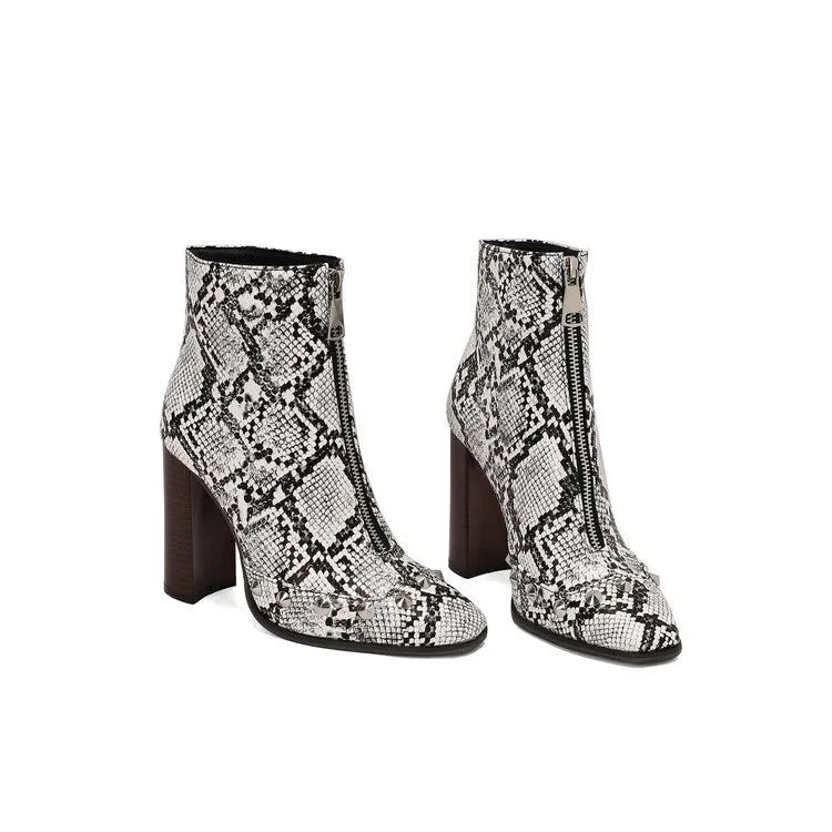 Women's Snake Pattern Rivets Pointed Toe Block Heel Short Boots