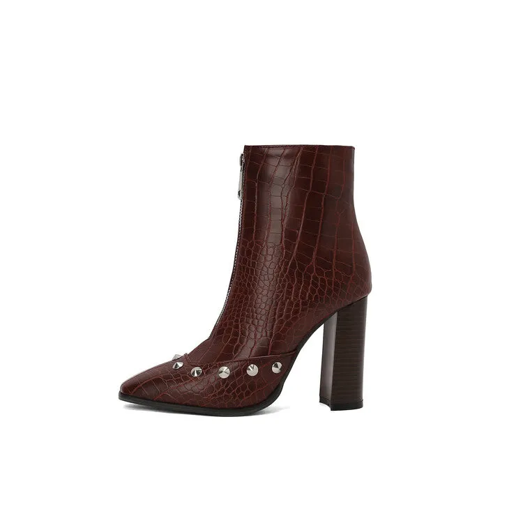 Women's Snake Pattern Rivets Pointed Toe Block Heel Short Boots